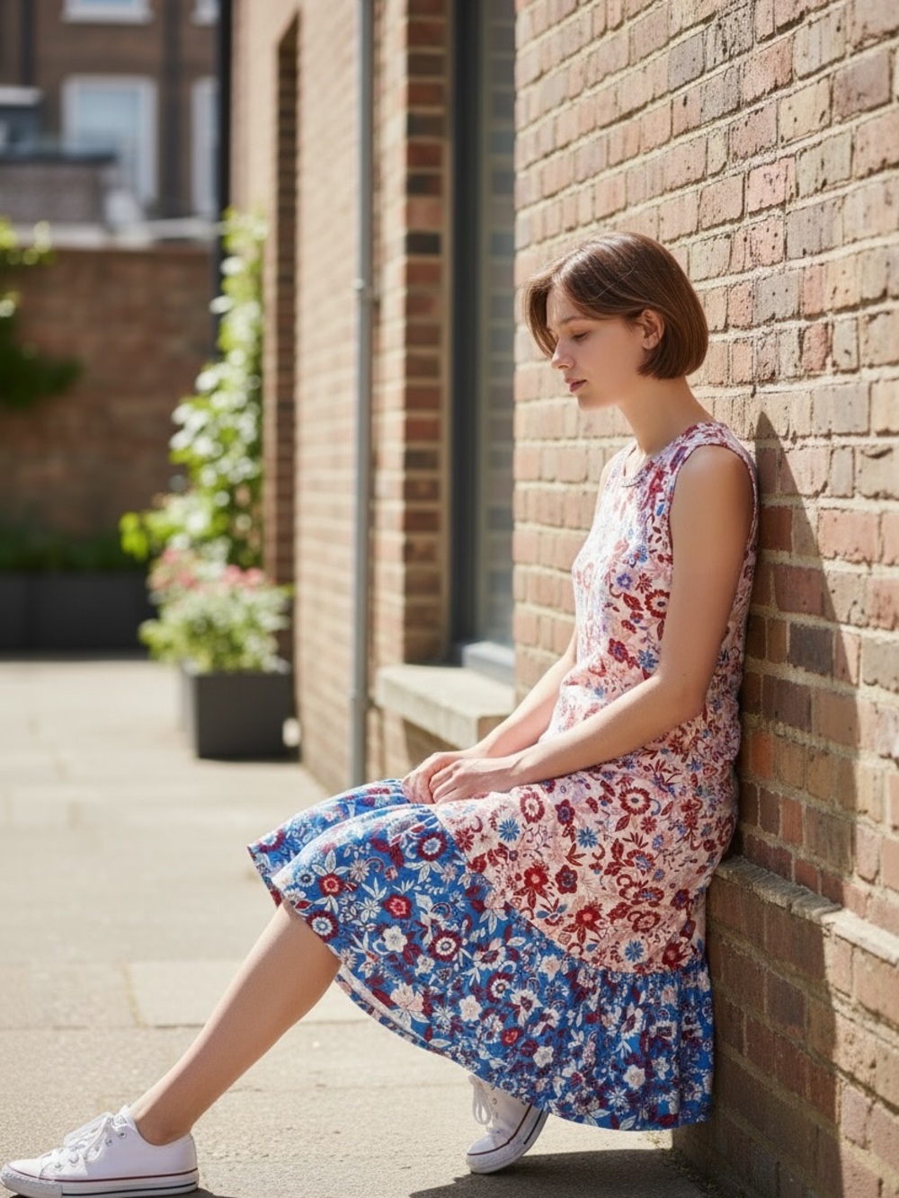 LOFT Floral Midi Dress in Blue and Red